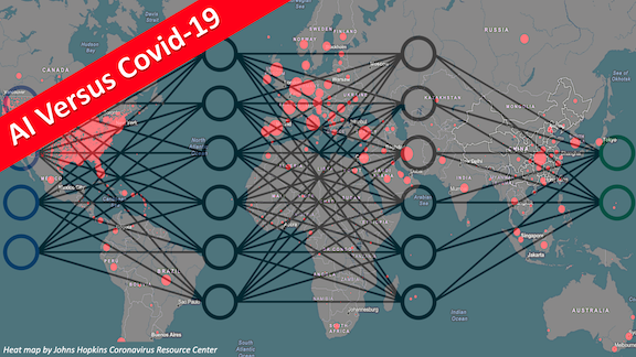 Neural networks over a world map and the title "AI Versus Covid-19" on a corner