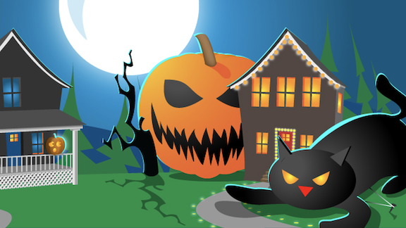 Illustration of a neighborhood haunted by an evil pumpkin and a black cat