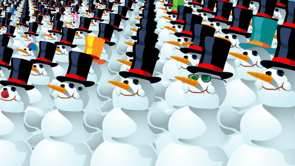 Dozens of snowmen with different characteristics